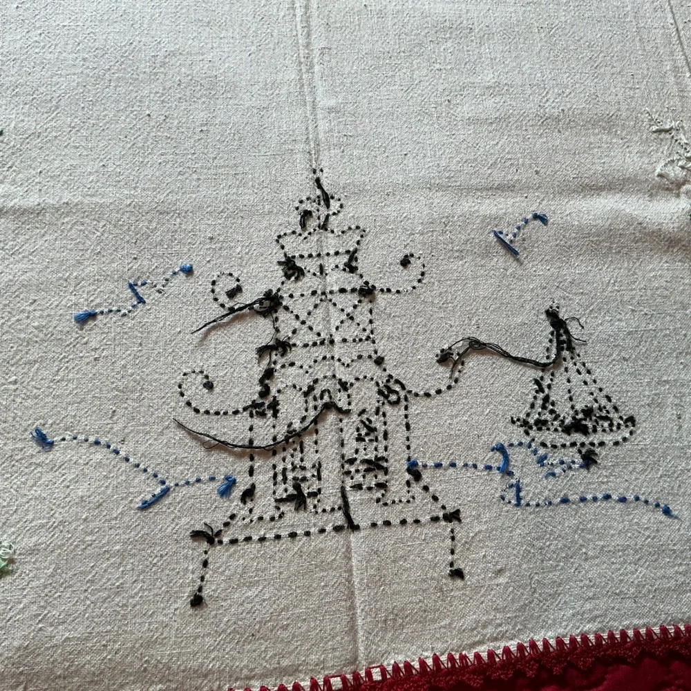 Vintage Hand Embroidered Tablecloth Pagoda Blossom Asian Floral 36x30 Linen‎